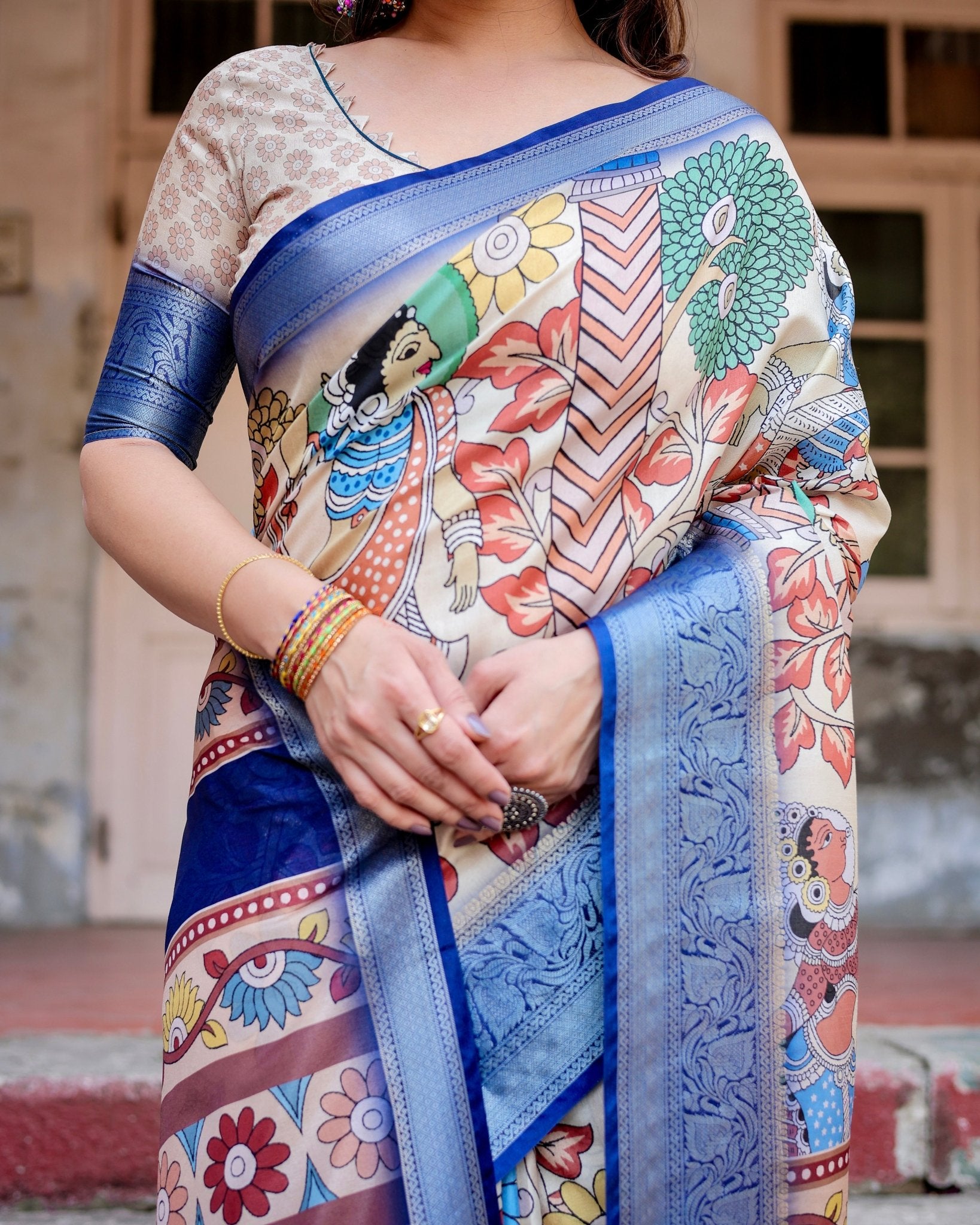 Pure Silk Digitally Printed Saree with Golden Zari and Tassels - Fashion Dream Studio