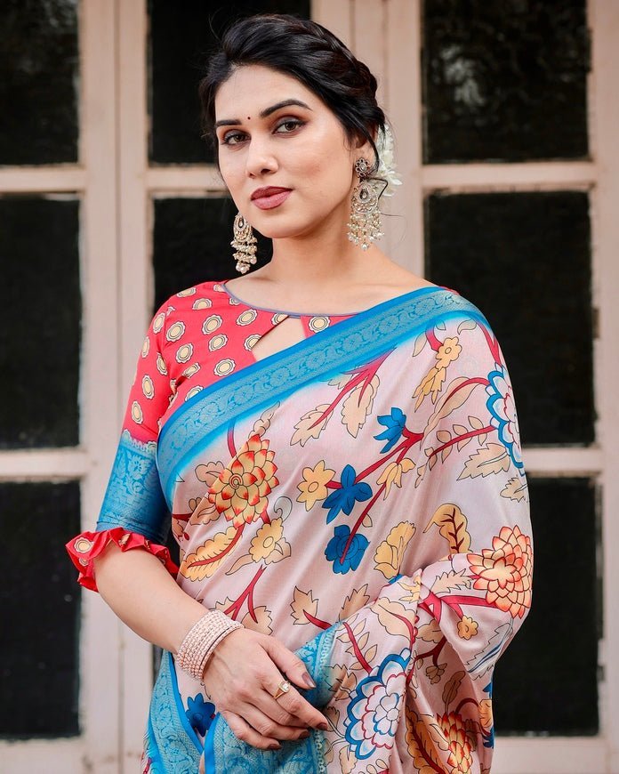 Pure Silk Digitally Printed Saree with Golden Zari and Tassels - Fashion Dream Studio