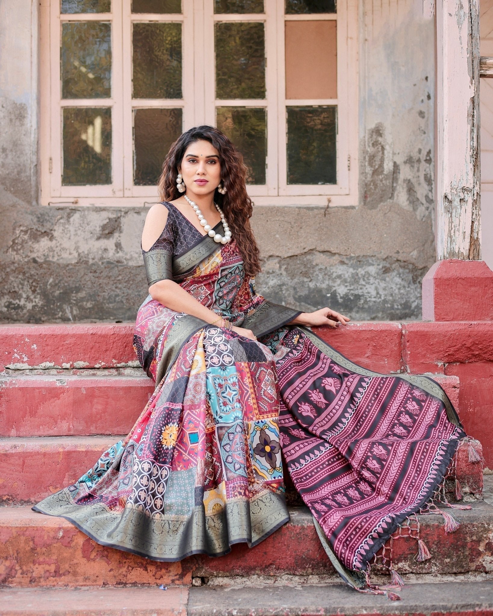 Pure Silk Digitally Printed Saree Weaved With Golden Zari Comes With Tassels - Fashion Dream Studio