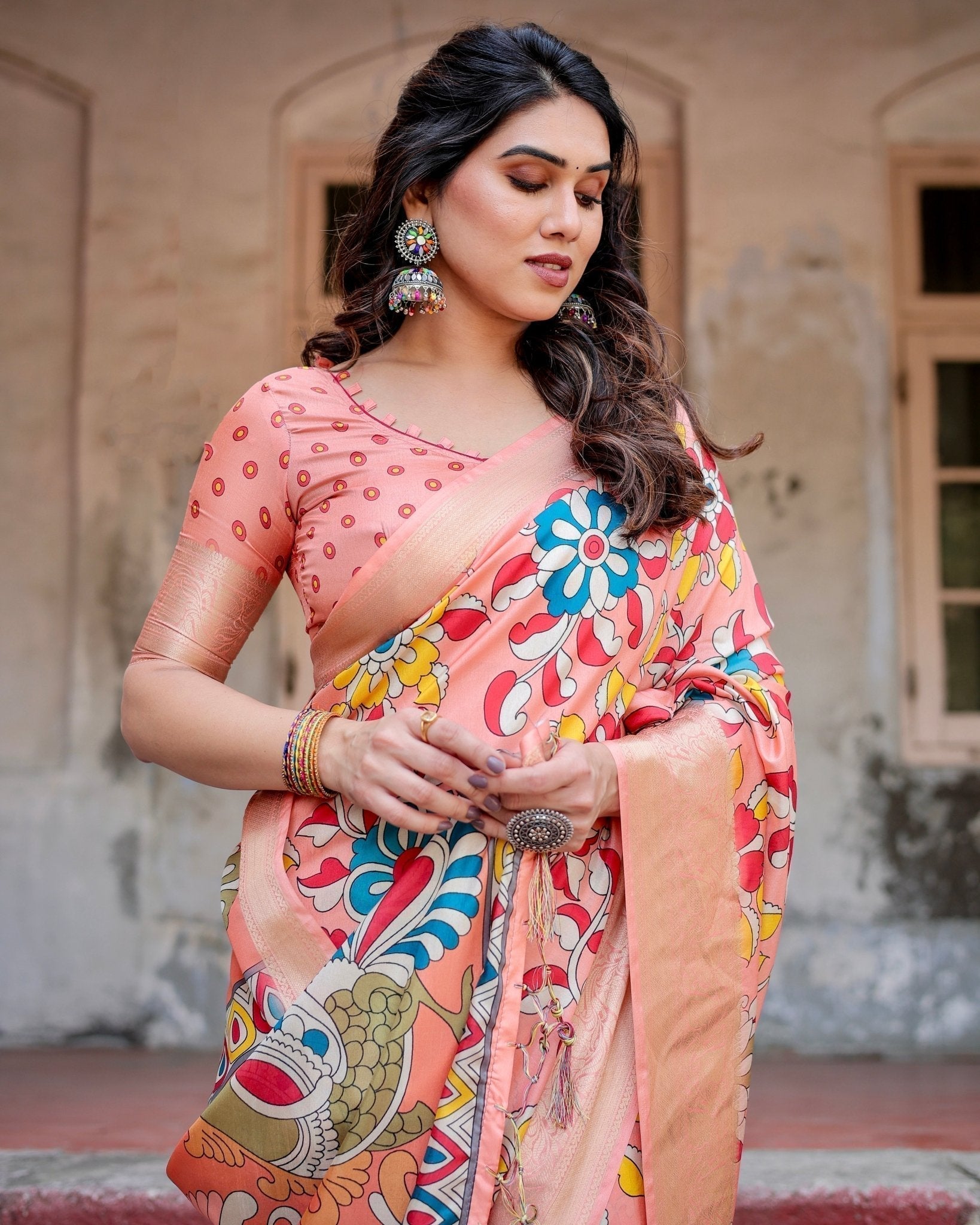 Pure Silk Digitally Printed Saree with Golden Zari and Tassels - Fashion Dream Studio