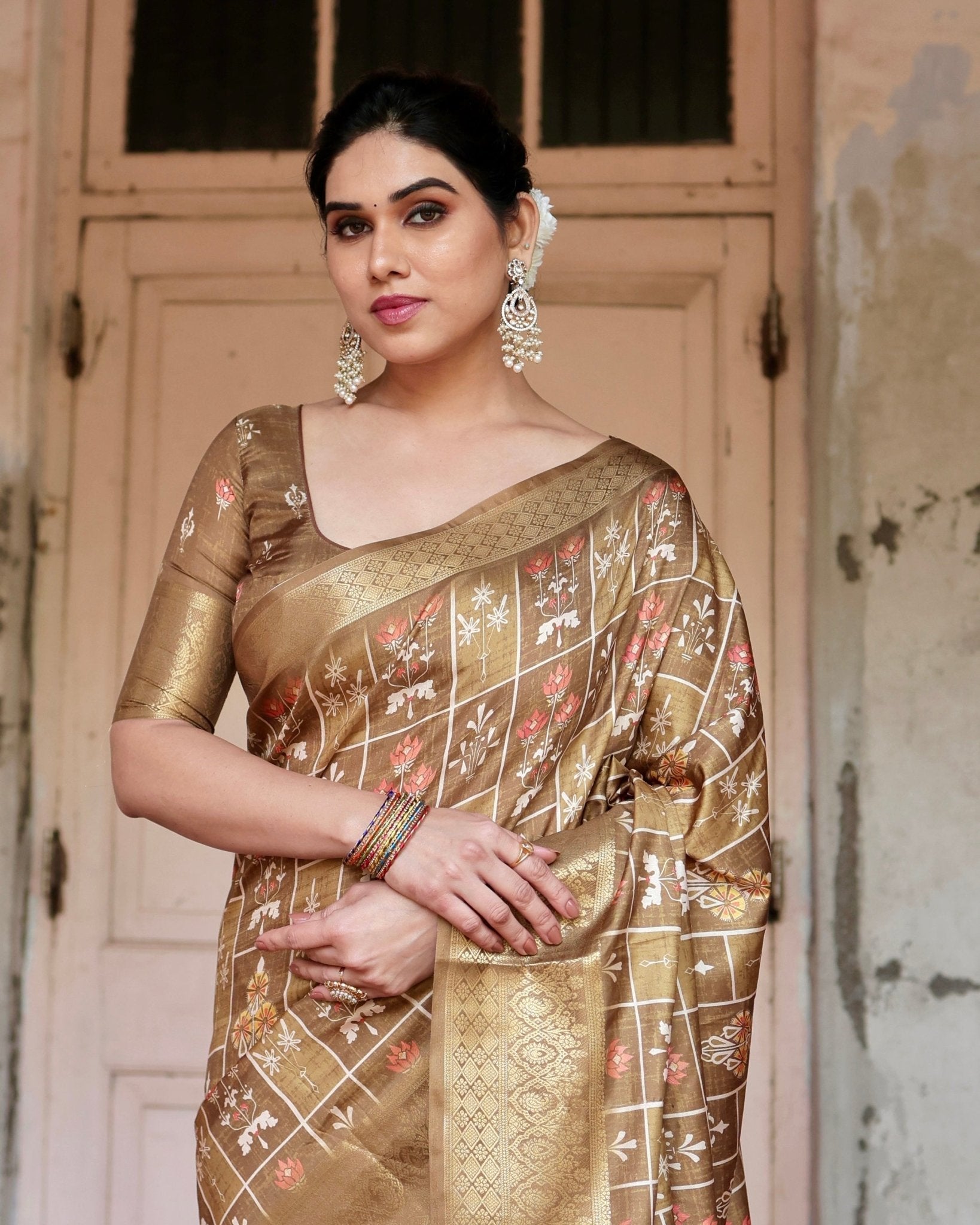 Pure Silk Digitally Printed Saree with Golden Zari and Tassels - Fashion Dream Studio