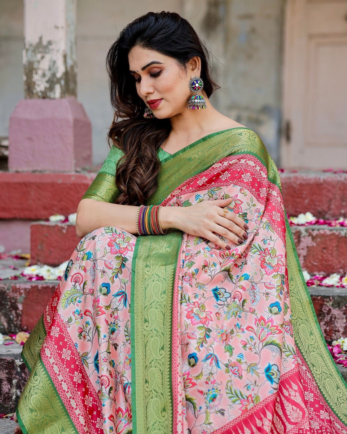 Pure Silk Digitally Printed Saree Weaved With Golden Zari Comes With Tassels - Fashion Dream Studio