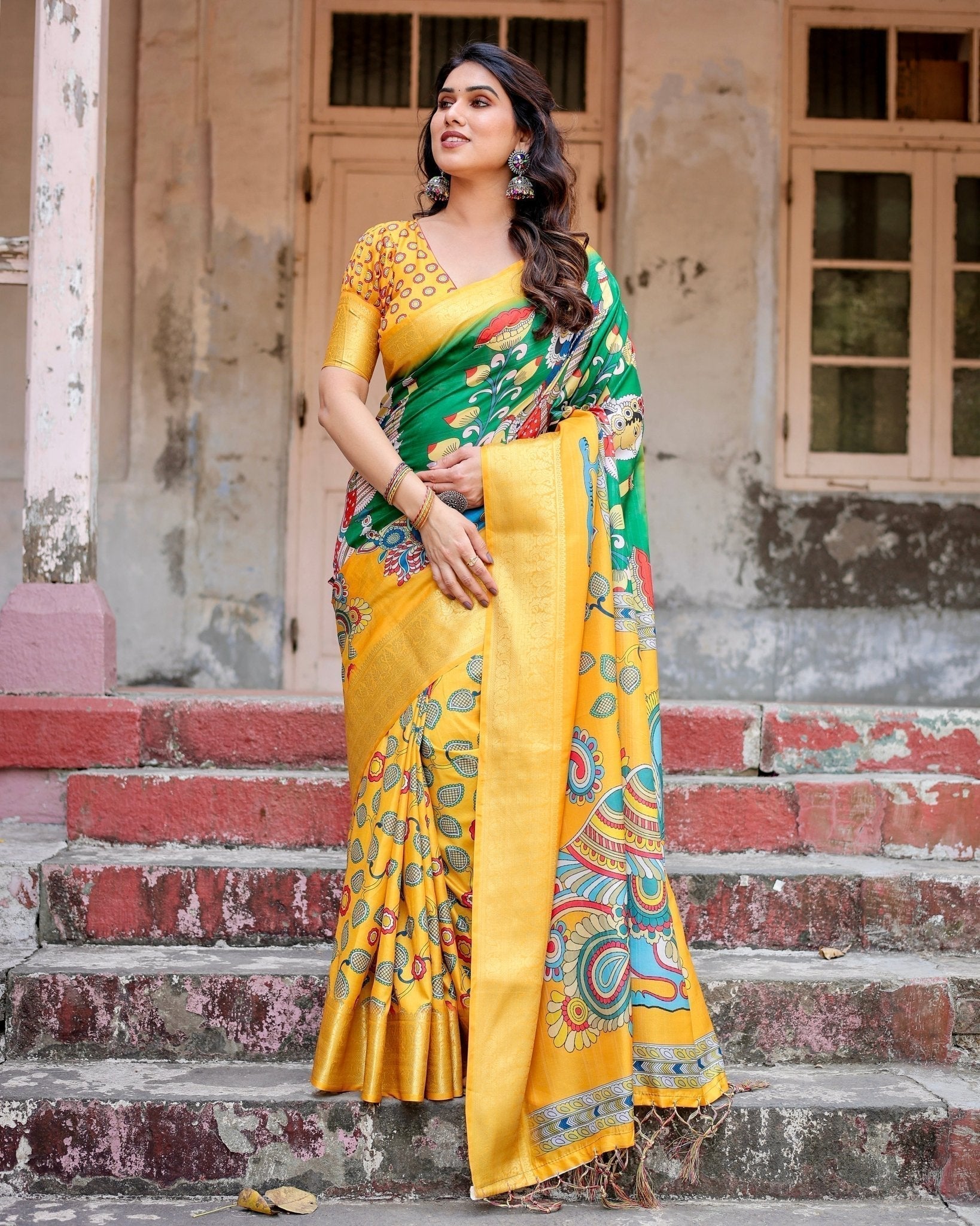 Pure Silk Digitally Printed Saree with Golden Zari and Tassels - Fashion Dream Studio