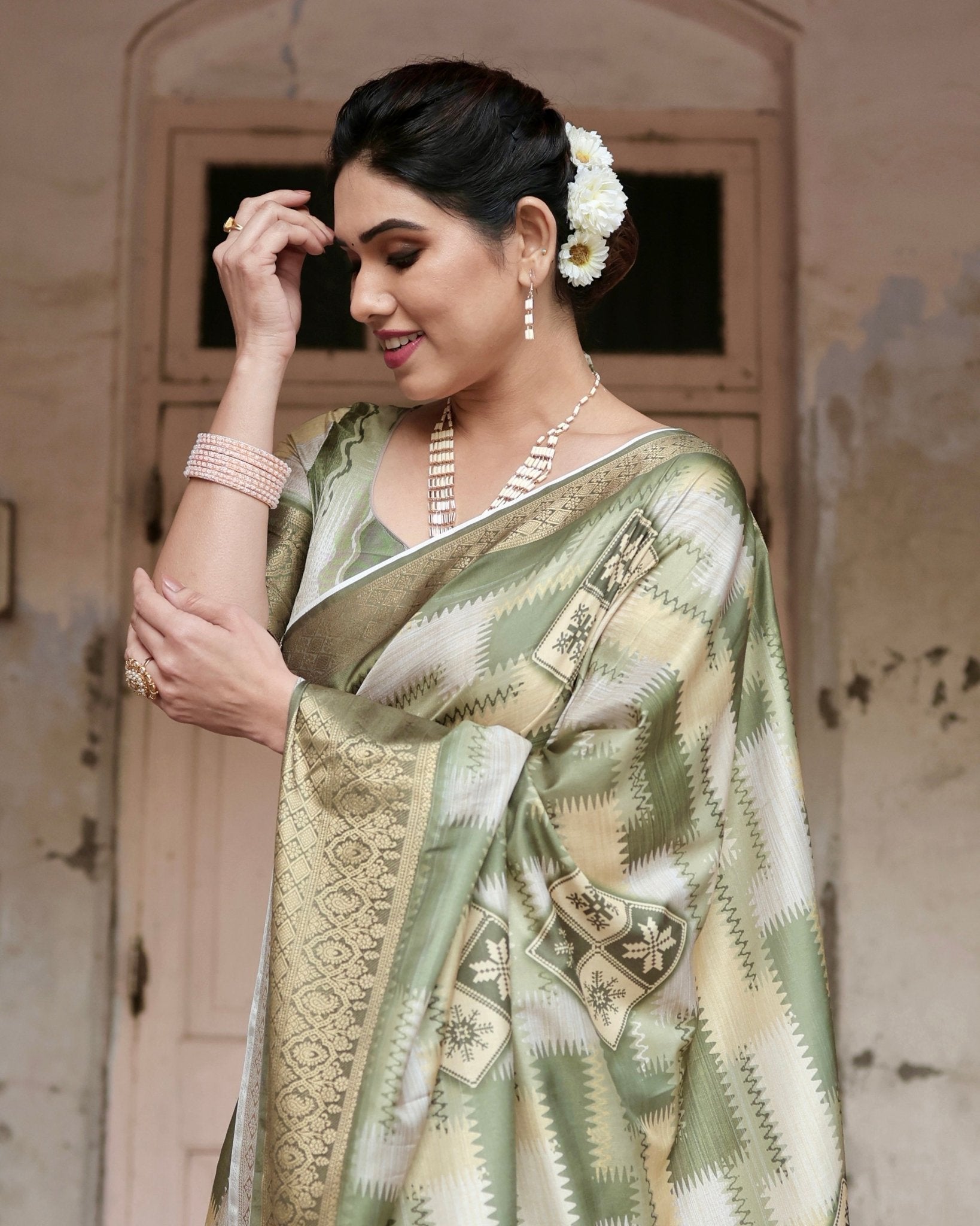 Olive Green Geometric Pure Silk Digital Print Saree with Gold Border and Tassels