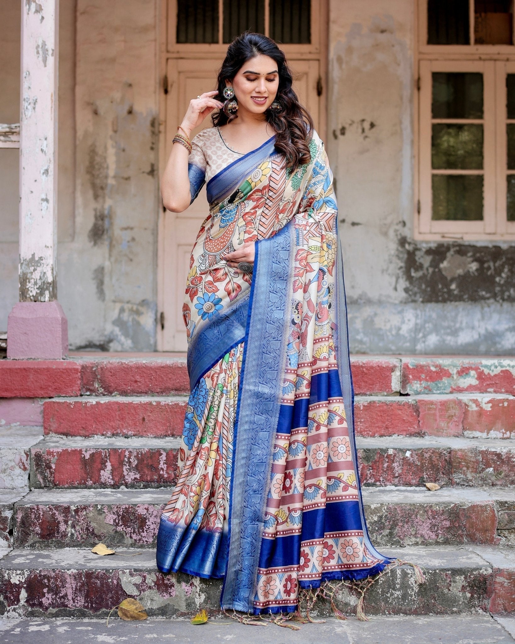 Pure Silk Digitally Printed Saree with Golden Zari and Tassels - Fashion Dream Studio