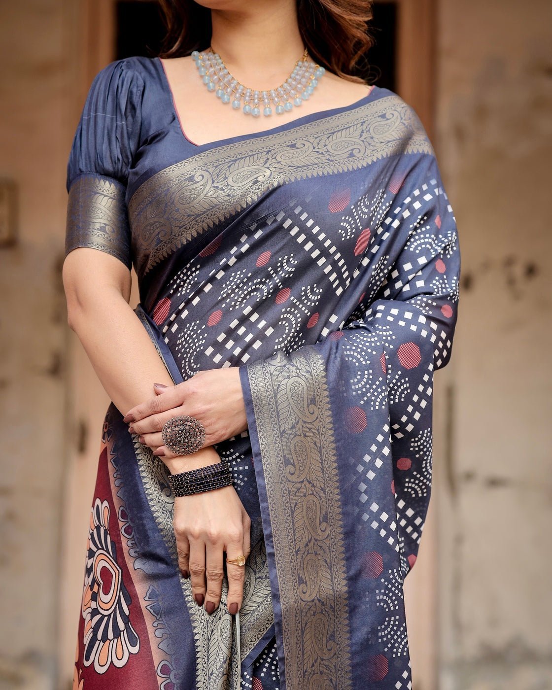 Pure Silk Digitally Printed Saree Weaved With Golden Zari Comes With Tassels