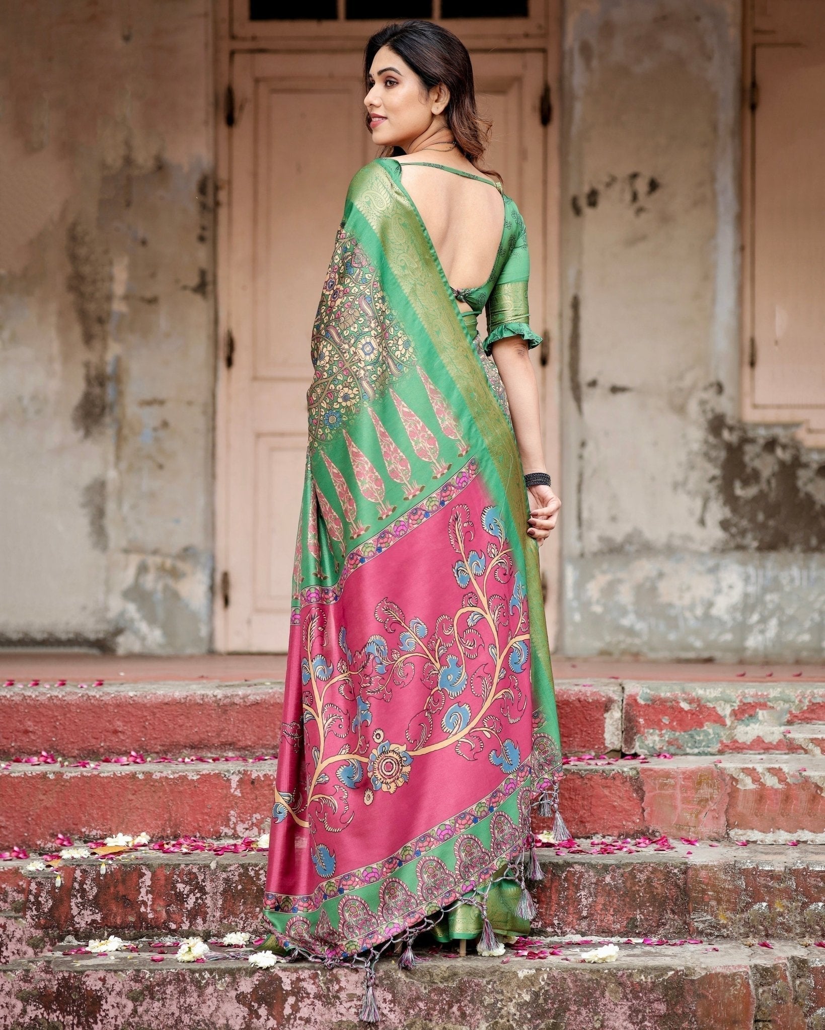 Pure Silk Digitally Printed Saree Weaved With Golden Zari Comes With Tassels - Fashion Dream Studio