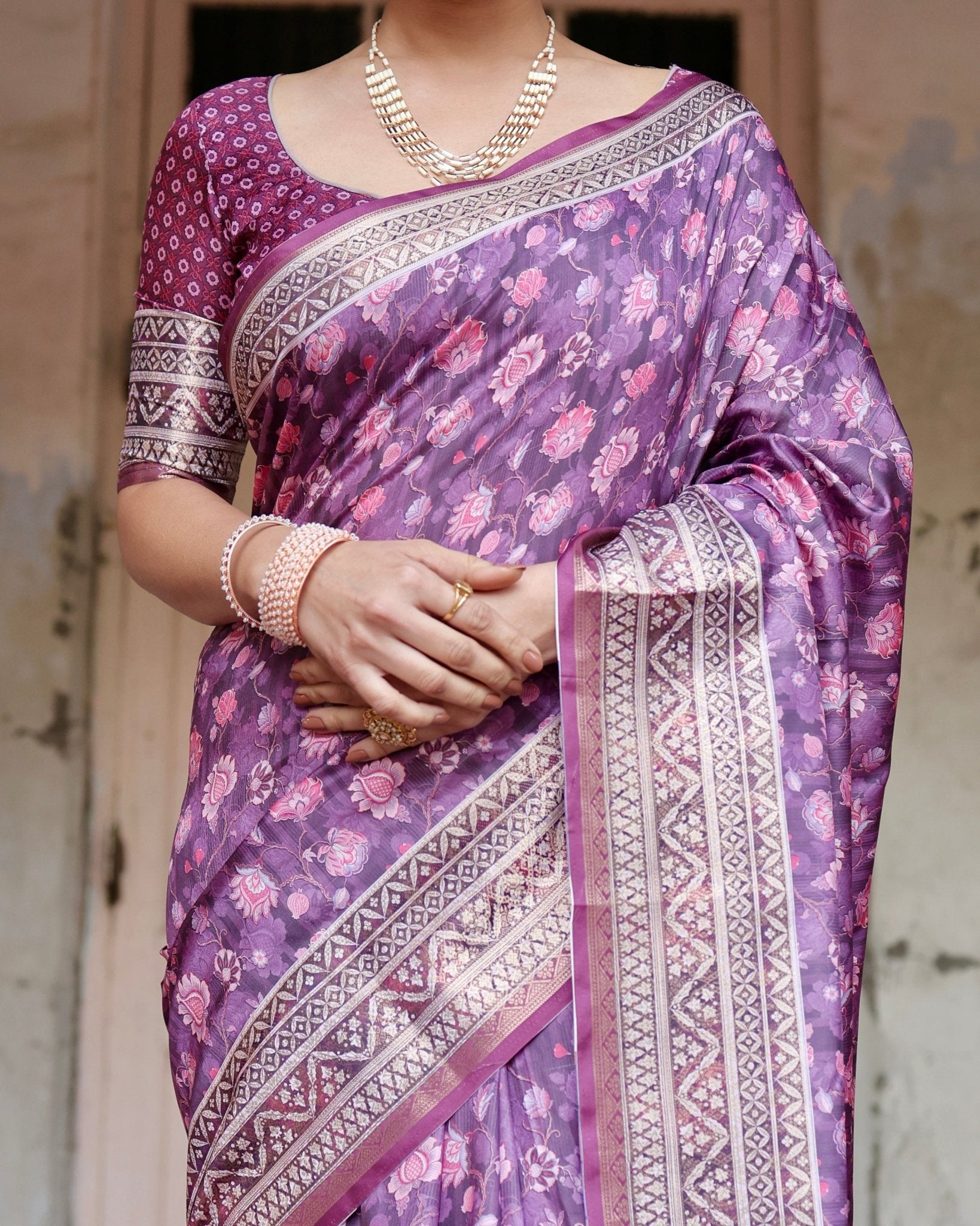 Purple Floral Pure Silk Digital Print Saree with Silver Border and Tassels