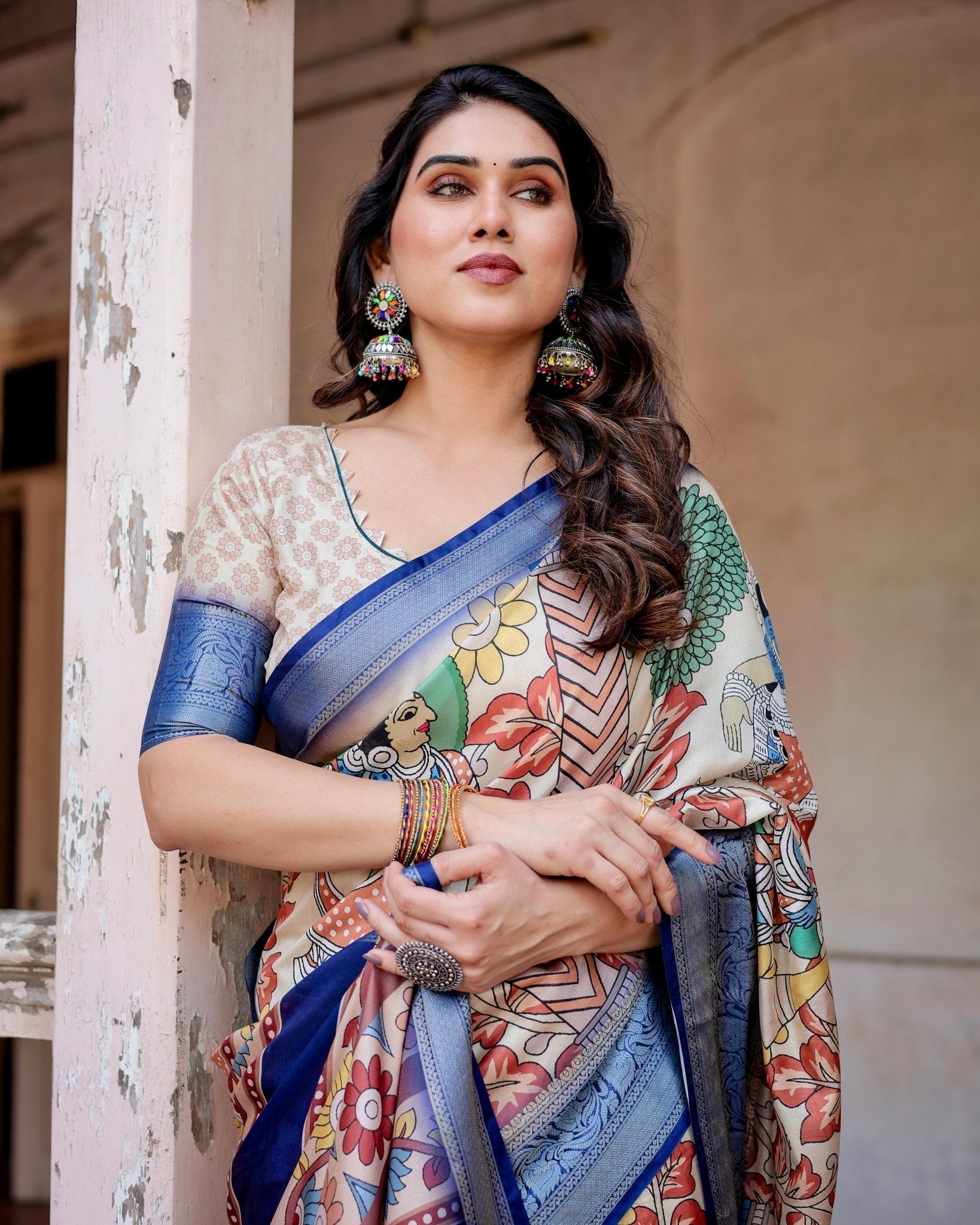 Pure Silk Digitally Printed Saree with Golden Zari and Tassels - Fashion Dream Studio