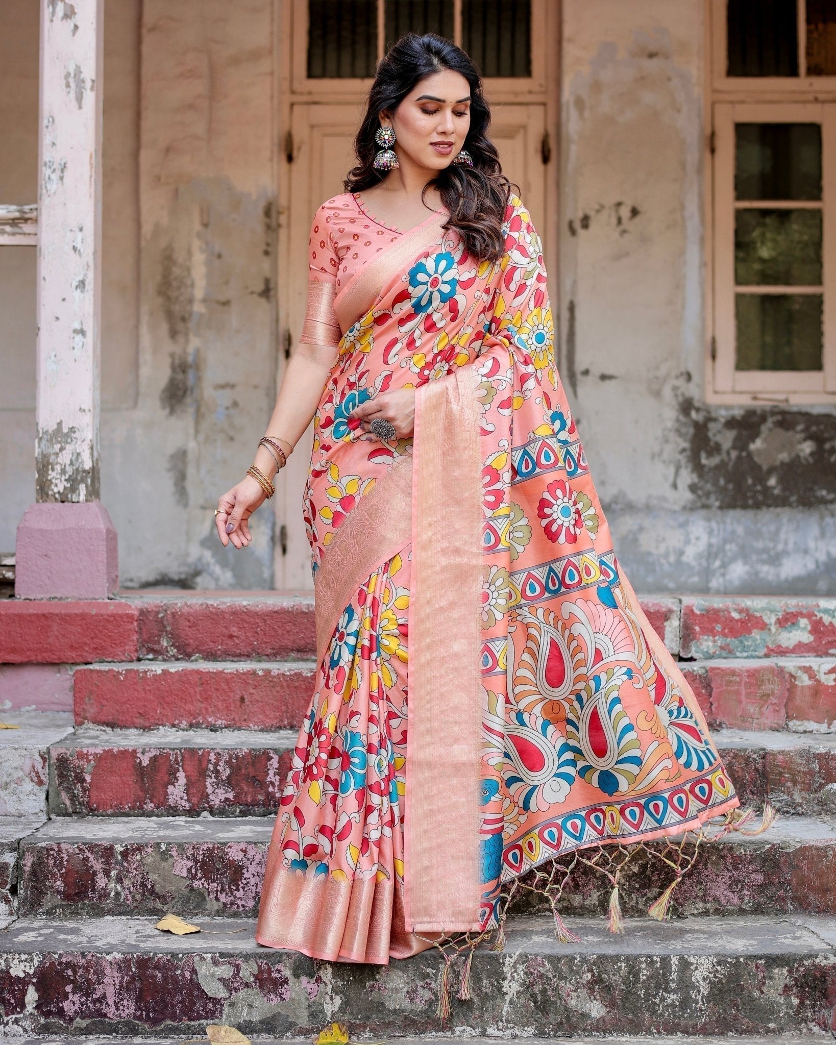 Pure Silk Digitally Printed Saree with Golden Zari and Tassels - Fashion Dream Studio