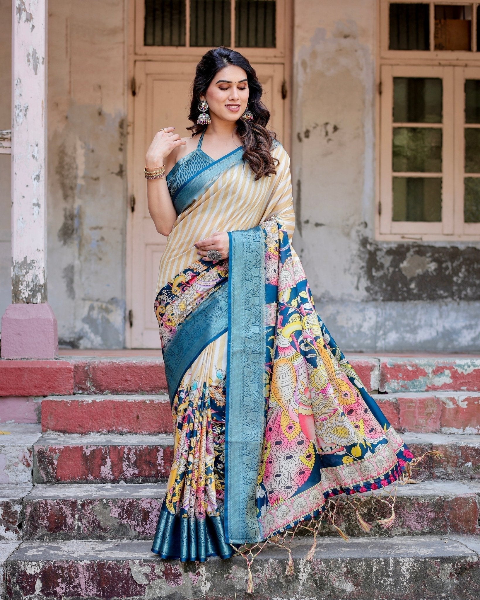 Pure Silk Digitally Printed Saree with Golden Zari and Tassels - Fashion Dream Studio