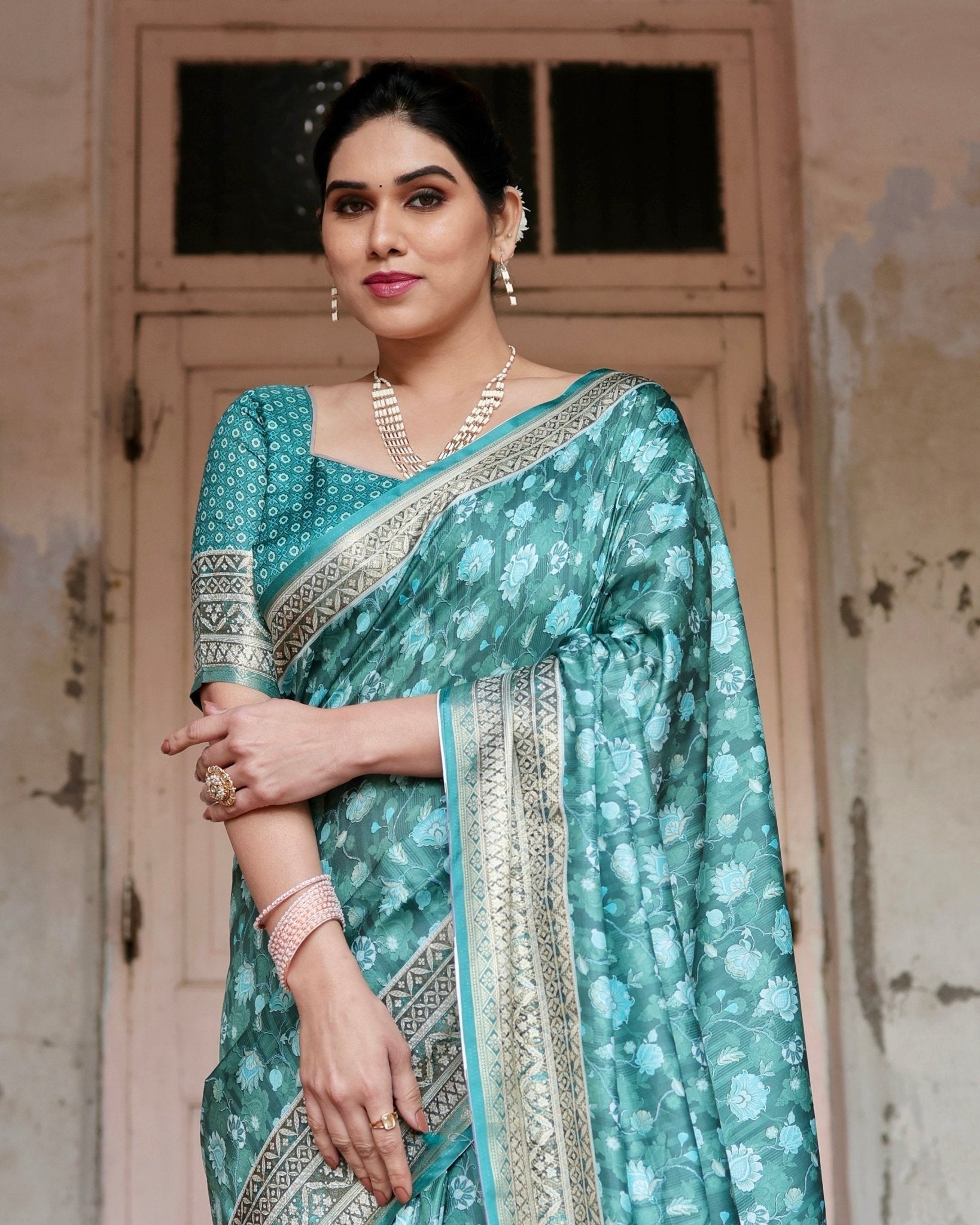 Teal Green Floral Pure Silk Digital Print Saree with Silver Border and Tassels