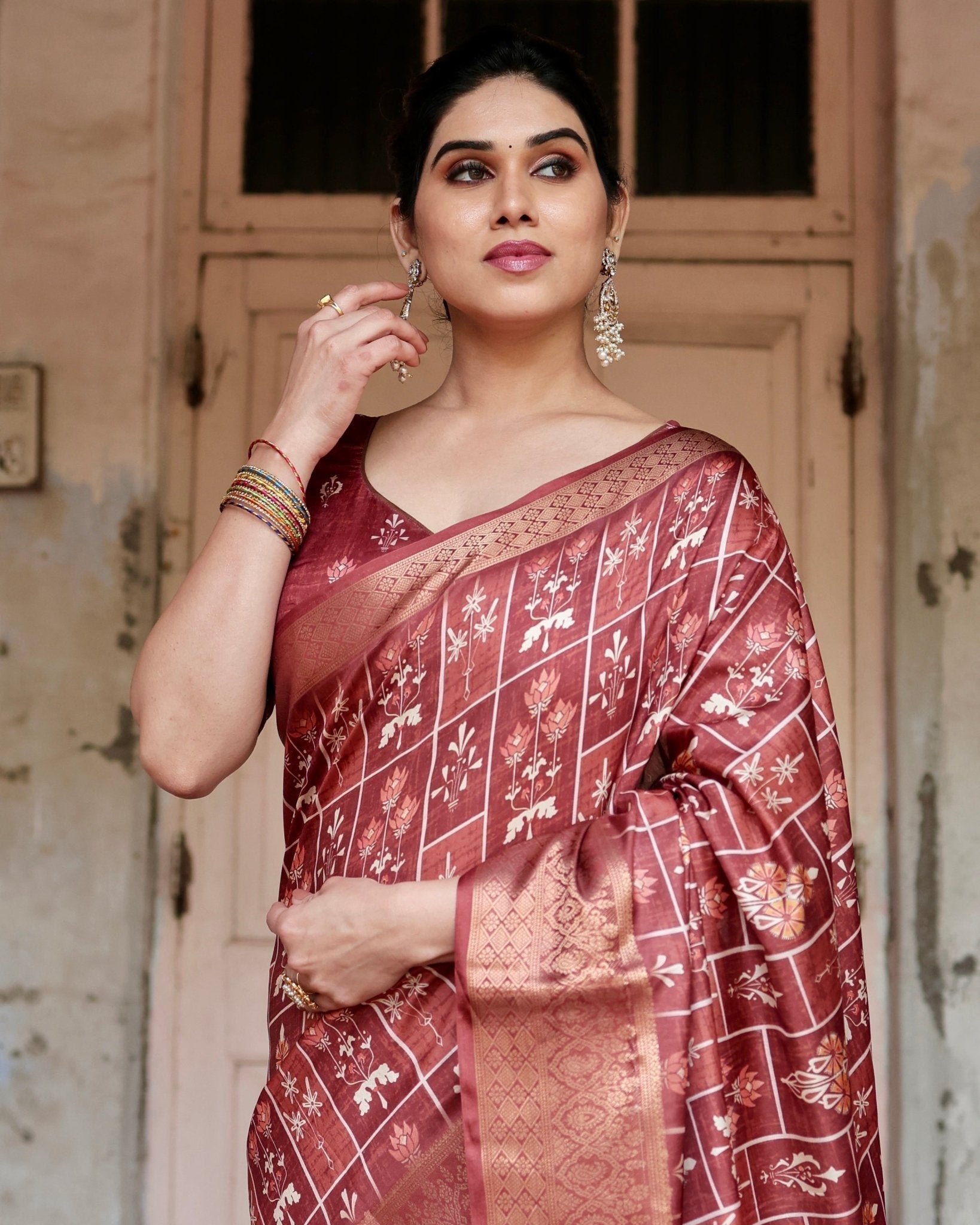 Pure Silk Digitally Printed Saree with Golden Zari and Tassels - Fashion Dream Studio