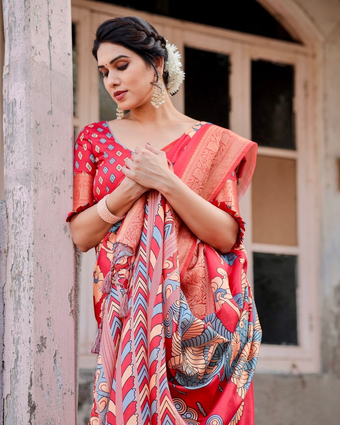 Pure Silk Digitally Printed Saree Weaved With Golden Zari Comes With Tassels - Fashion Dream Studio