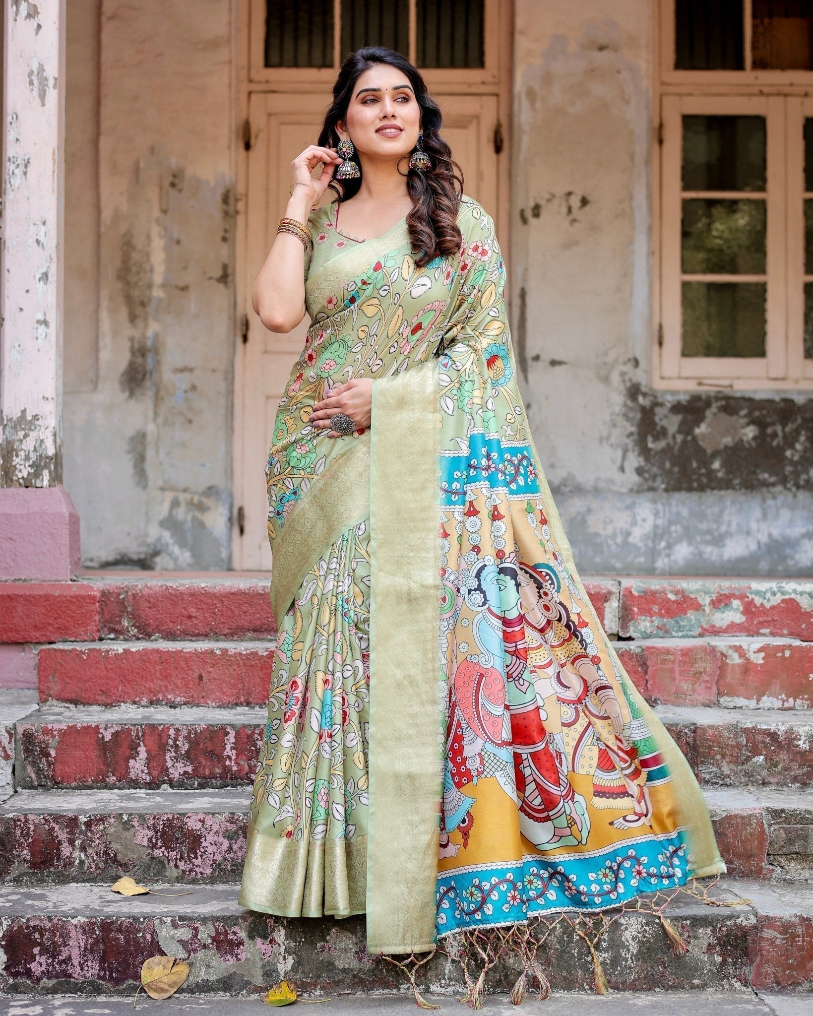 Pure Silk Digitally Printed Saree with Golden Zari and Tassels - Fashion Dream Studio