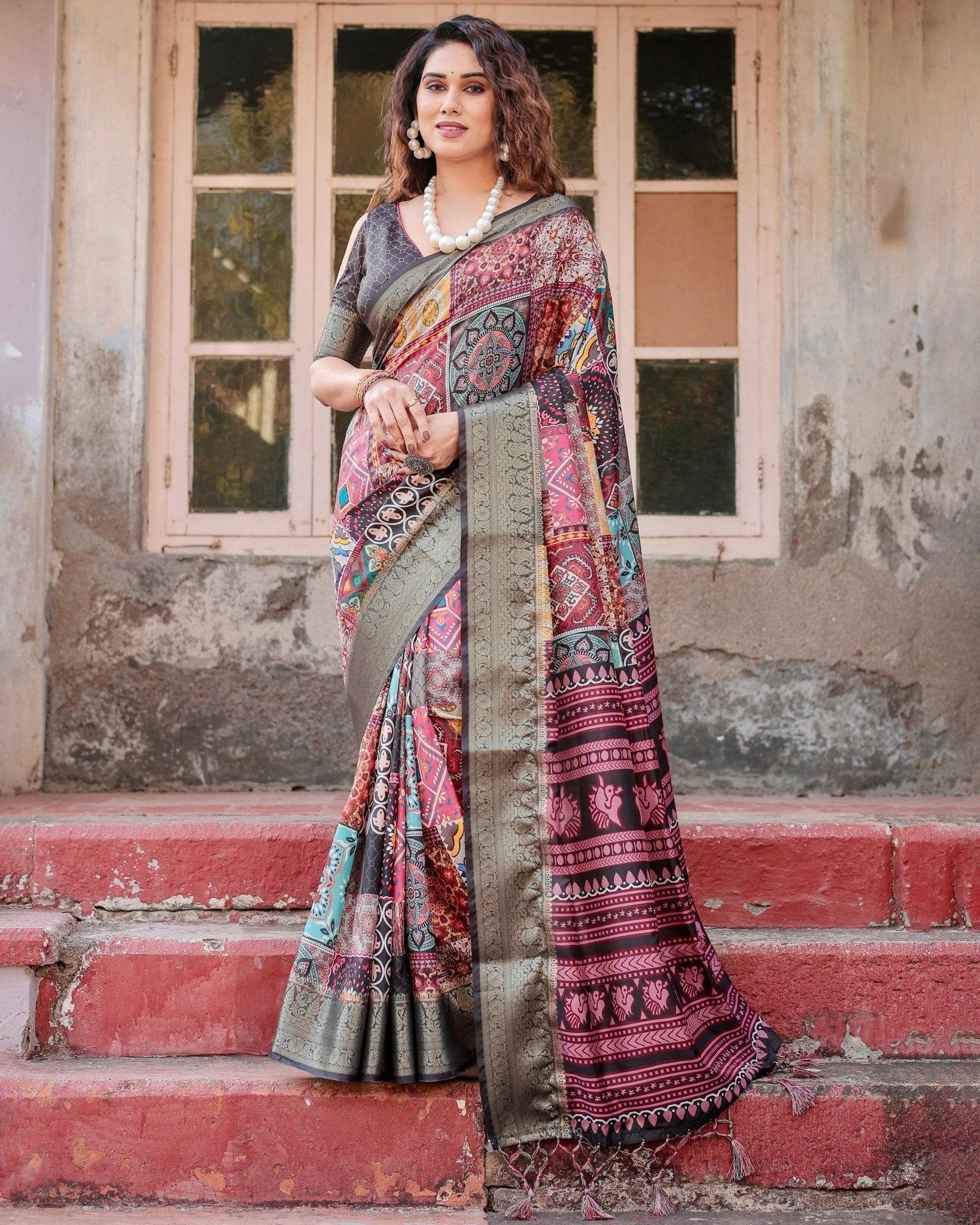 Pure Silk Digitally Printed Saree Weaved With Golden Zari Comes With Tassels - Fashion Dream Studio