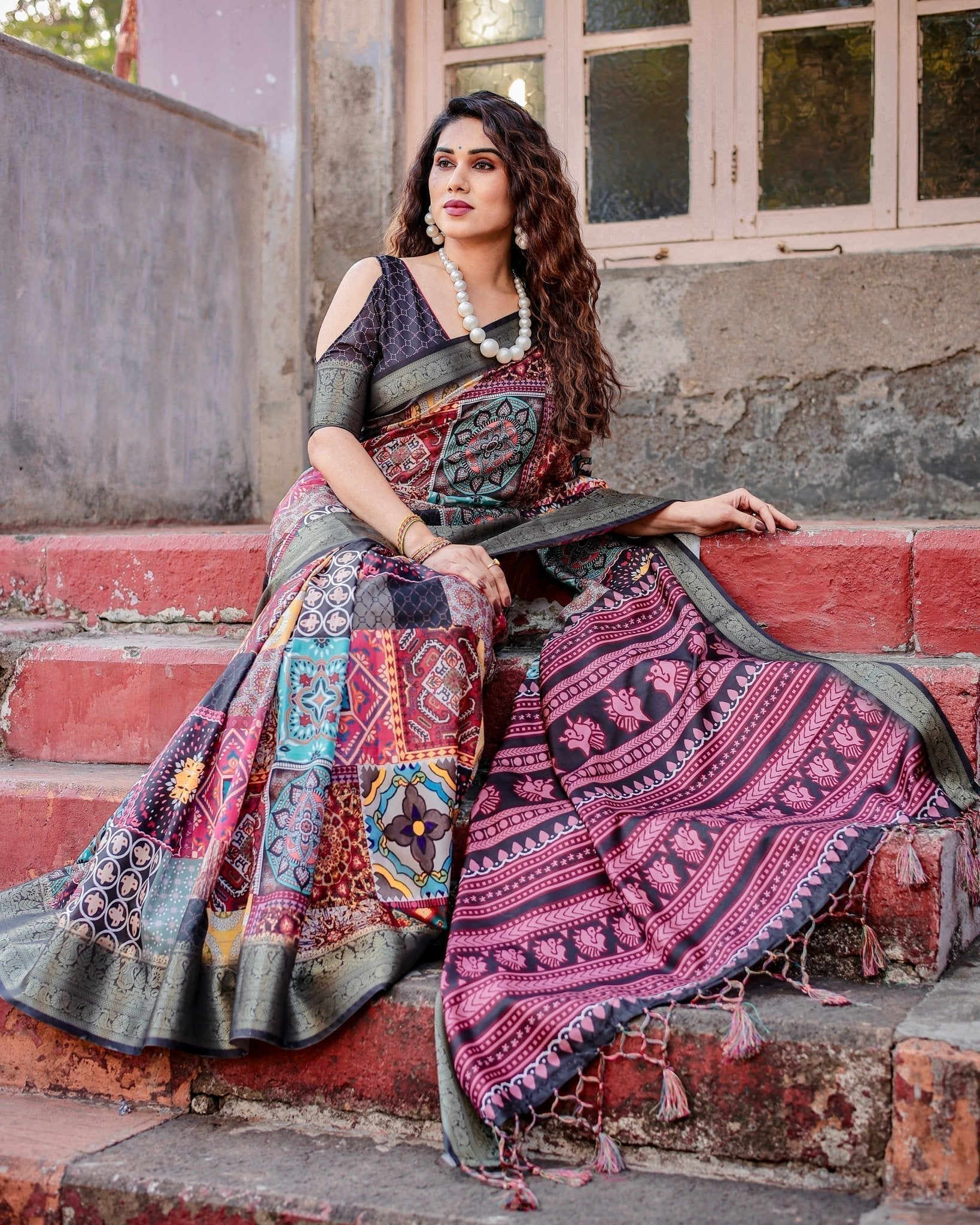 Pure Silk Digitally Printed Saree Weaved With Golden Zari Comes With Tassels - Fashion Dream Studio