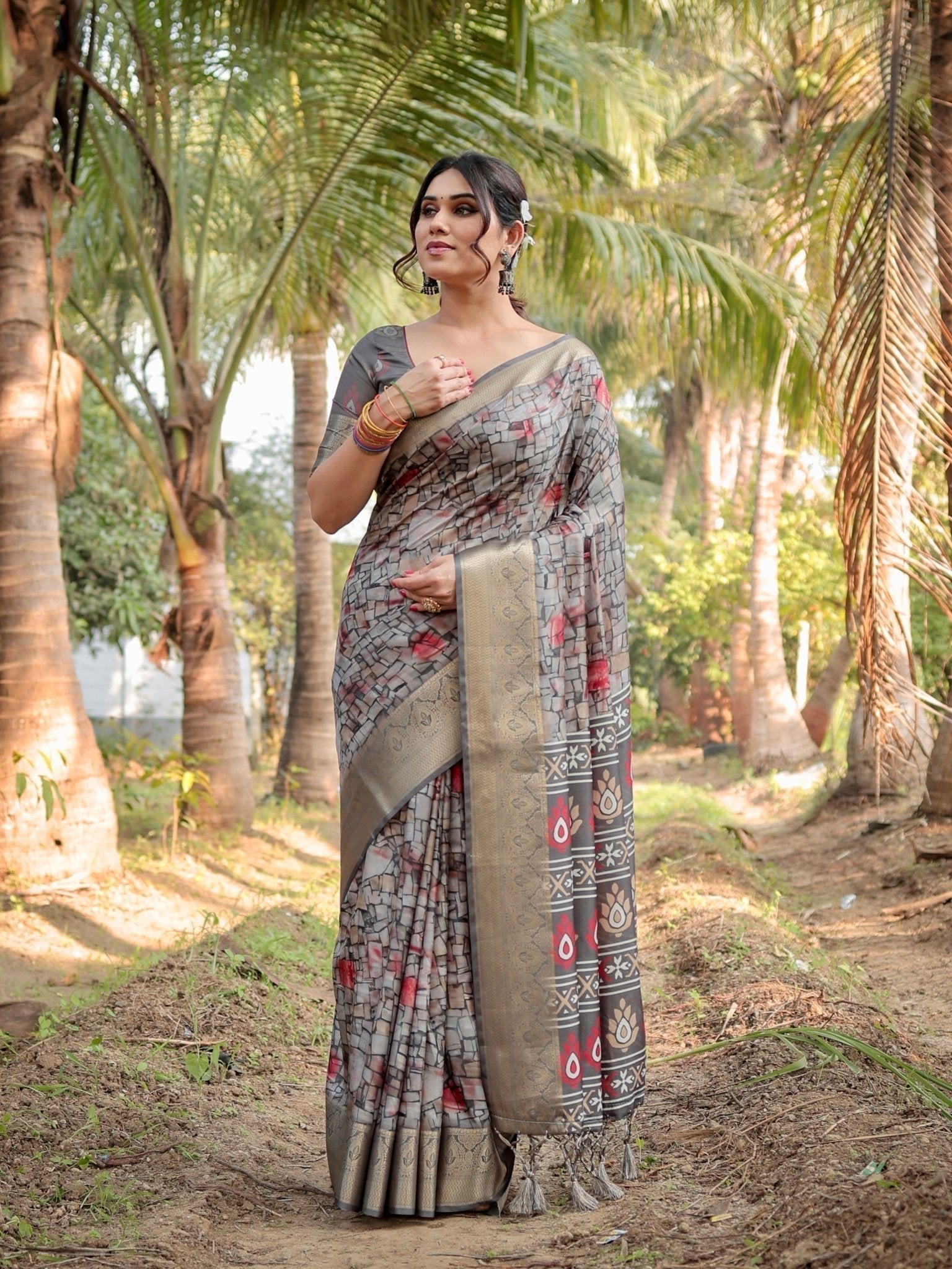 Pure Silk Digitally Printed Saree Weaved With Golden Zari Comes With Tassels - Fashion Dream Studio