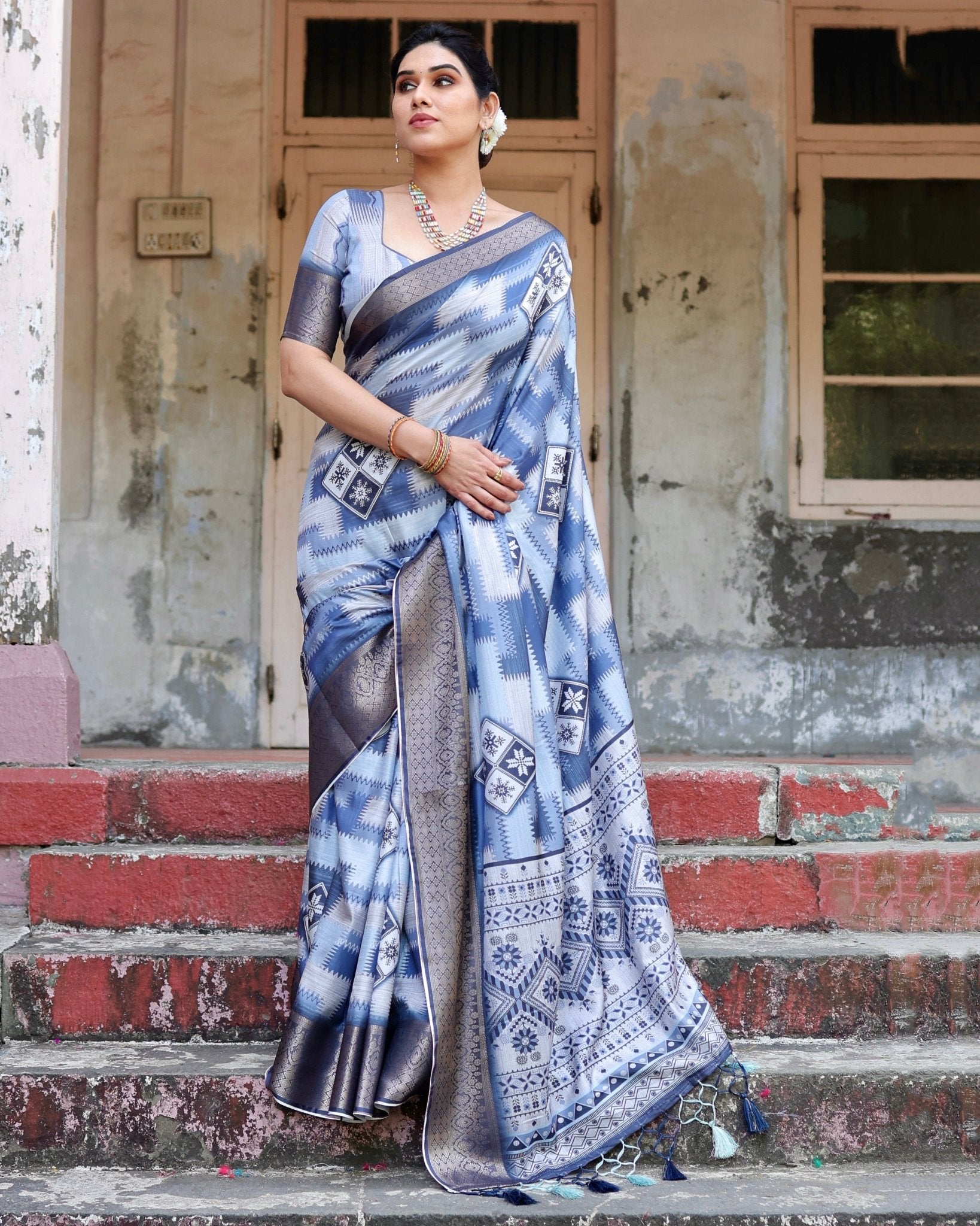 Pure Silk Digitally Printed Saree Weaved With Golden Zari Comes With Tassels - Fashion Dream Studio