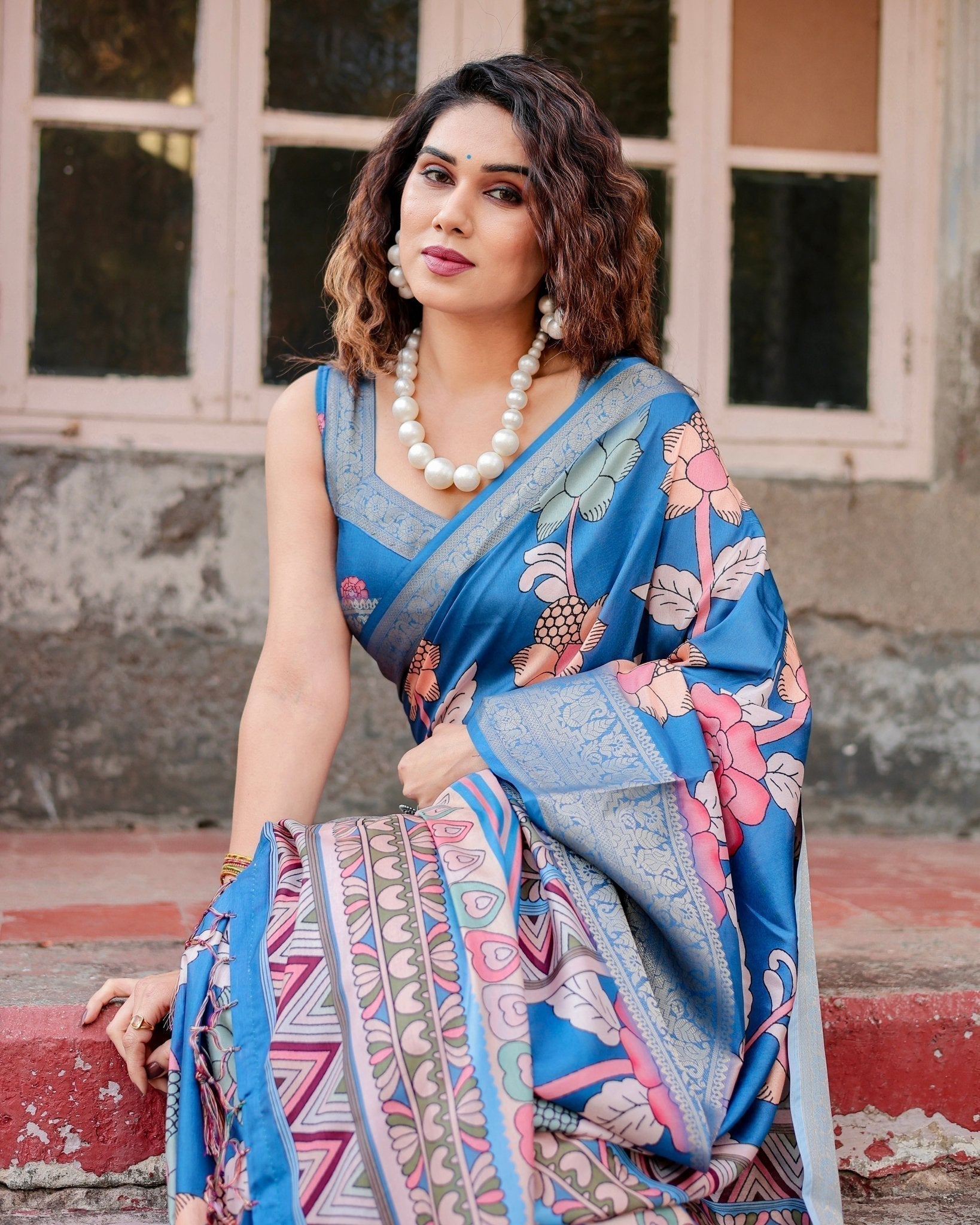 Pure Silk Digitally Printed Saree Weaved With Golden Zari Comes With Tassels - Fashion Dream Studio