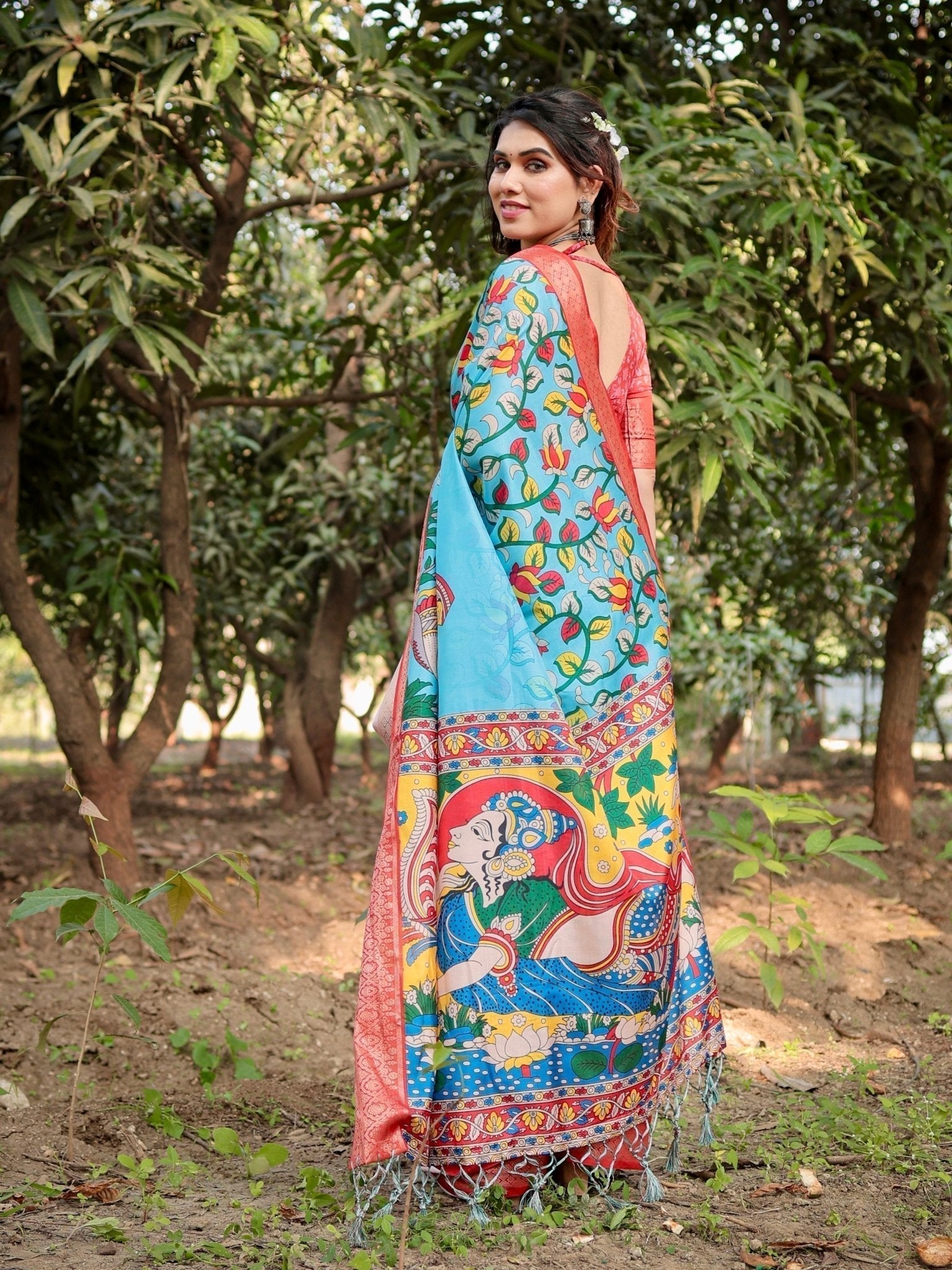 Pure Silk Digitally Printed Saree Weaved With Golden Zari Comes With Tassels