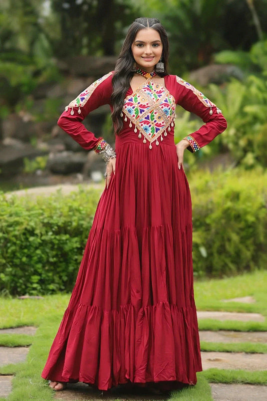 Heavy Flair Inner Cotton Fabric Maroon Gown For Garba