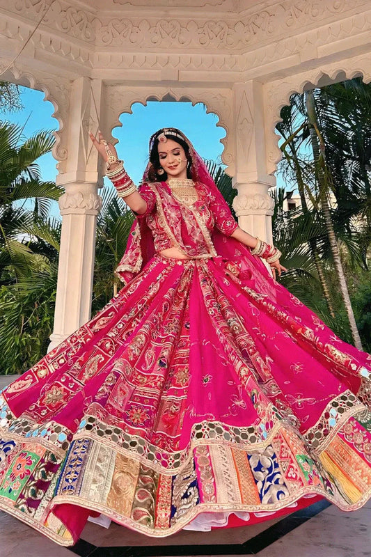 Real Mirror Work Cotton Pink Lehenga Choli For Navratri
