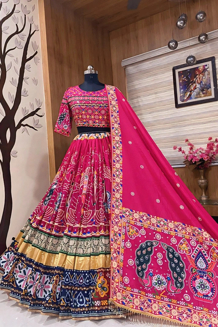 Real Mirror Work Rani Pink Lehenga Choli For Garba Night