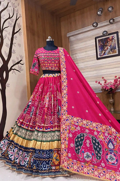Real Mirror Work Rani Pink Lehenga Choli For Garba Night