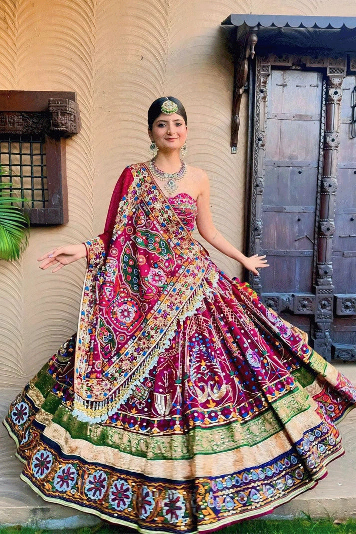 Real Mirror Work Rani Pink Lehenga Choli For Garba Night