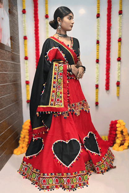 Red And Black Colour Gamthi Work Chaniya Choli For Garba