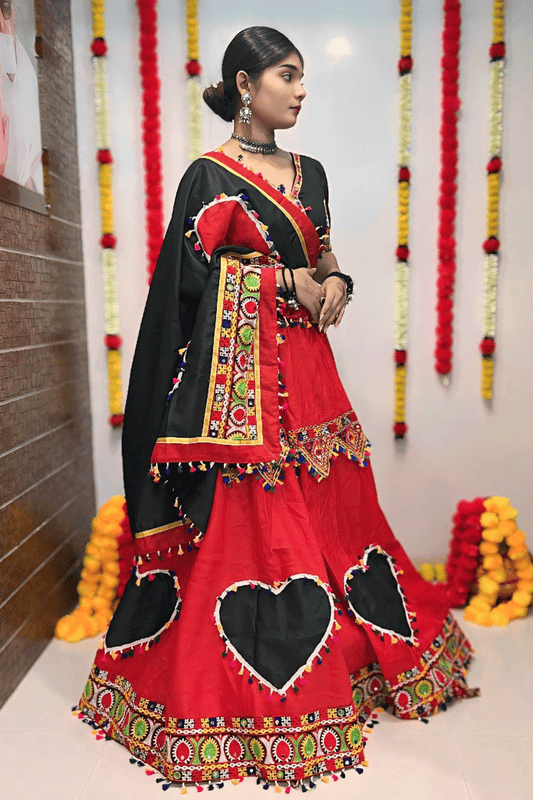 Red And Black Colour Gamthi Work Chaniya Choli For Garba