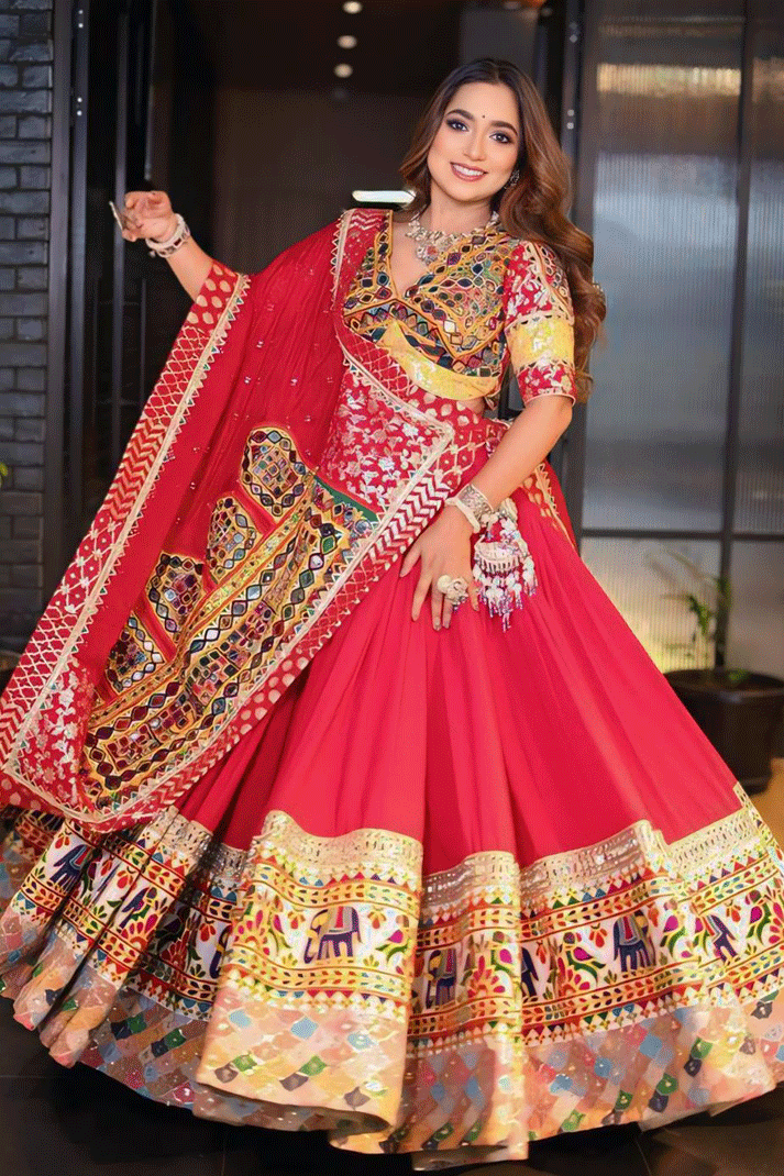 Navratri Special Gujarati Style Red Colour Chaniya Choli