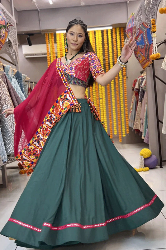Mirror Work Dark Green Lehenga Choli With Red Dupatta