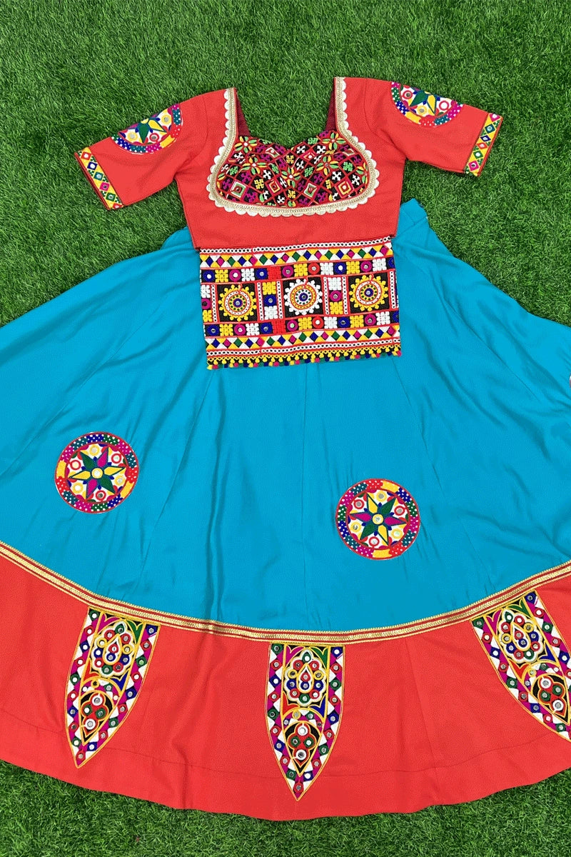 Traditional Sky Blue Lehenga Choli With Red Blouse For Navratri