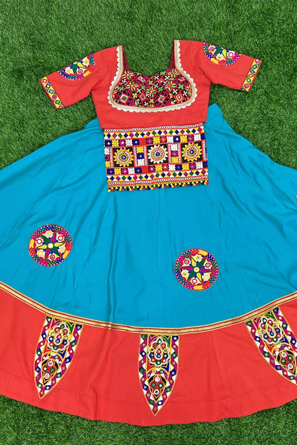 Traditional Sky Blue Lehenga Choli With Red Blouse For Navratri