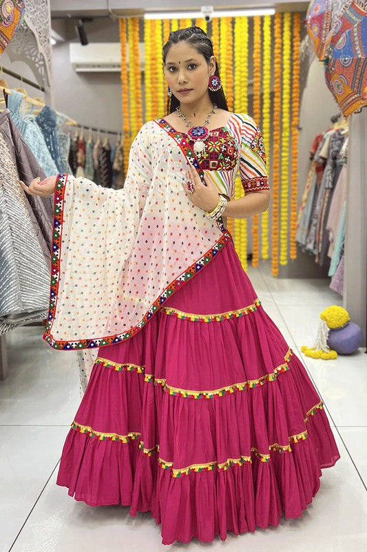 Heavy Flare Rani Pink Lehenga With Gamthi Work Blouse For Navratri