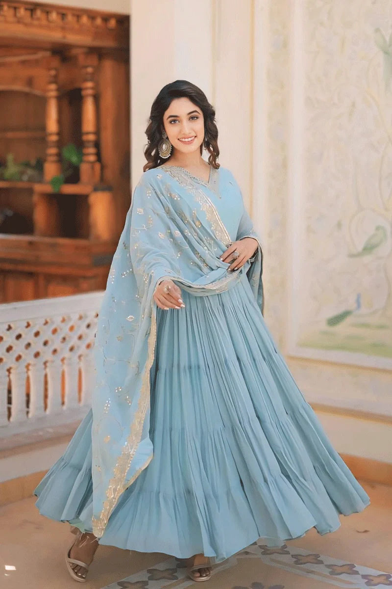 Sky Blue Colour 5 Layer Gown For Diwali Special Outfits