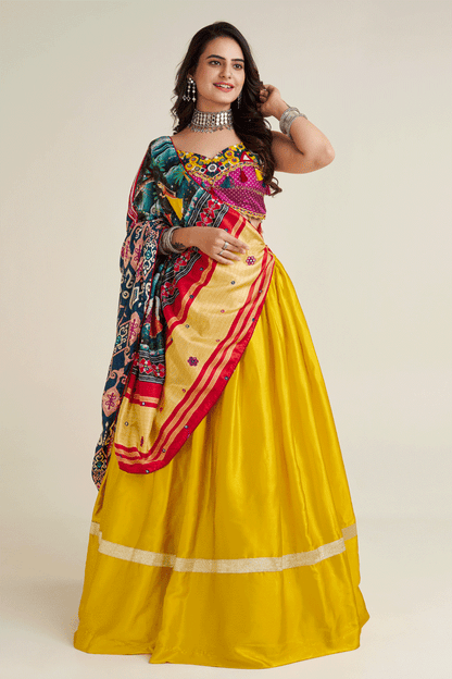 Satin Silk Yellow Colour Lehenga With Printed Dupatta
