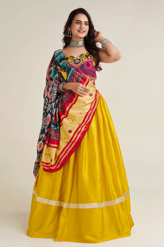 Satin Silk Yellow Colour Lehenga With Printed Dupatta